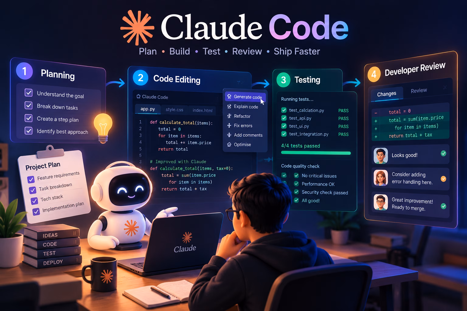 Claude Code AI workflow showing planning, code editing, automated testing and developer code review.