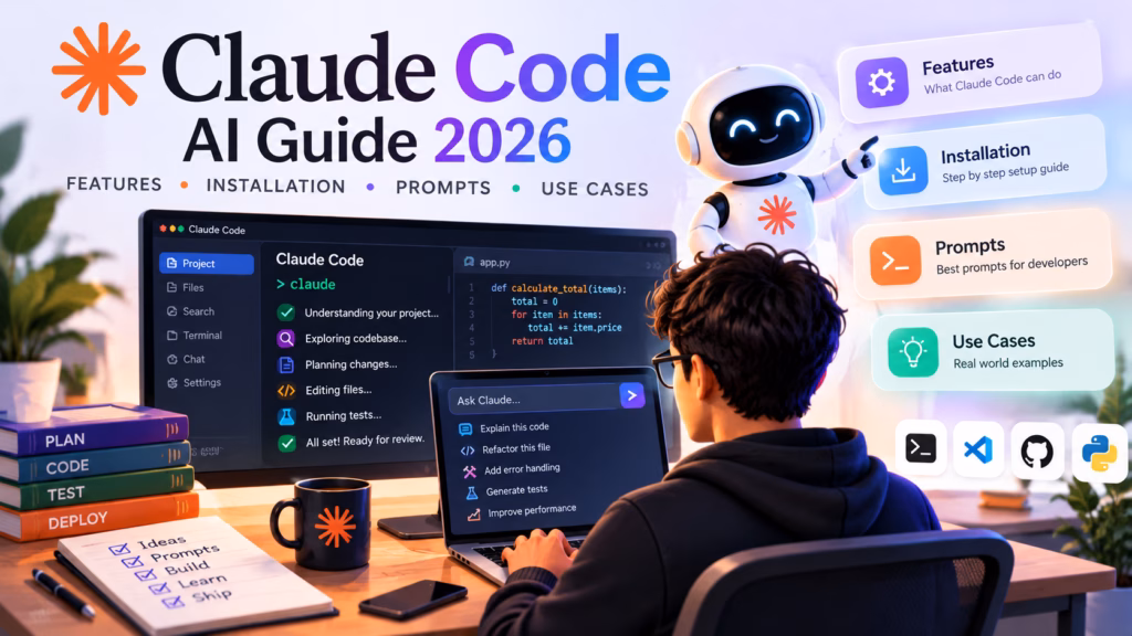 Claude Code AI Guide 2026 showing coding features, installation, developer prompts and real-world use cases.