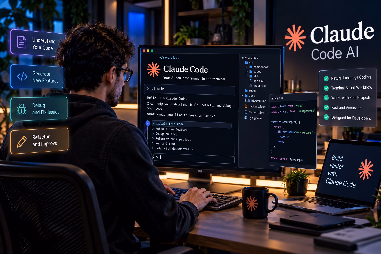 Developer using Claude Code AI in a terminal-based coding workflow to write, debug and improve software.
