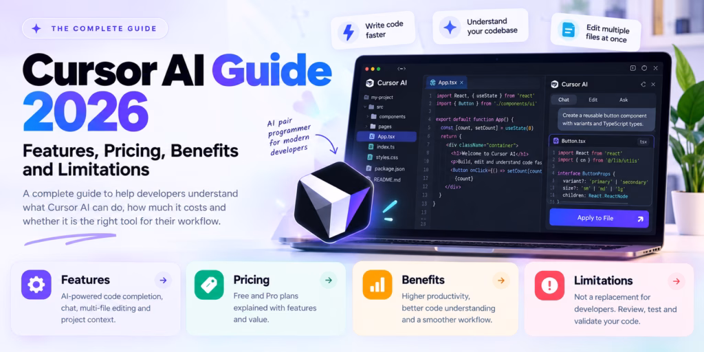 Cursor AI Guide 2026 featuring AI coding tools, code editor, features, pricing, benefits and limitations