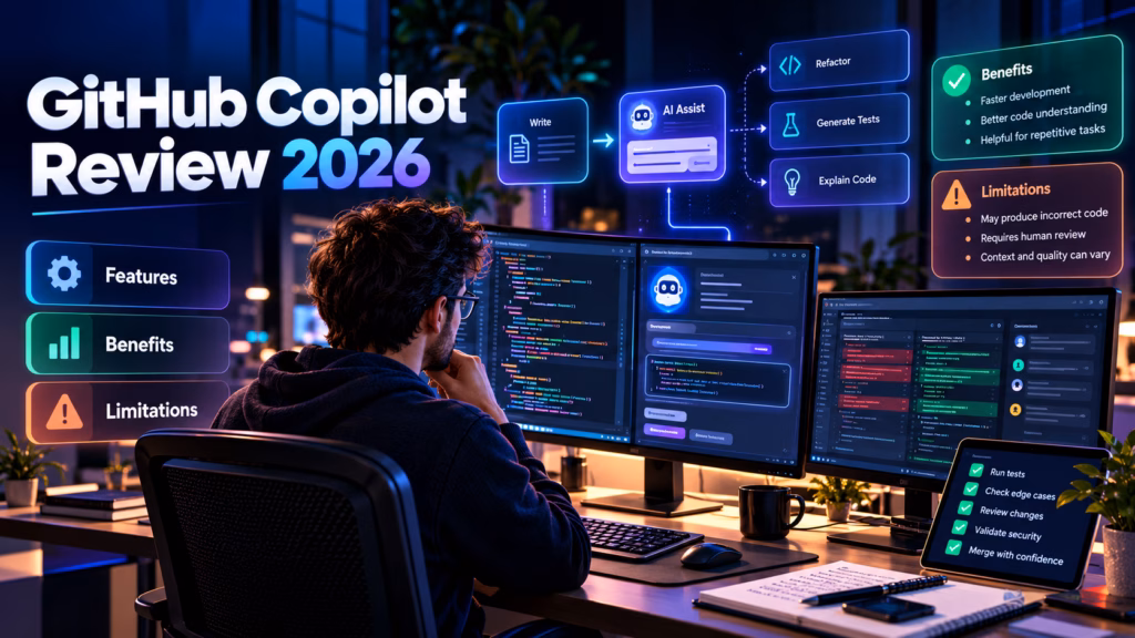 GitHub Copilot Review 2026 covering AI coding features, developer benefits, code generation and limitations.