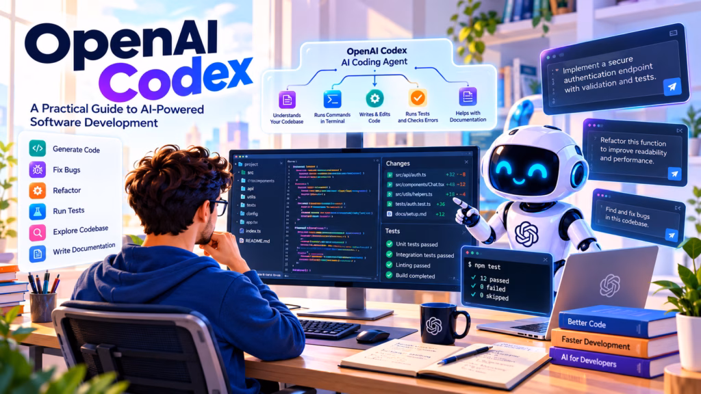 OpenAI Codex AI coding agent helping a developer write code, fix bugs, run tests and review software changes.