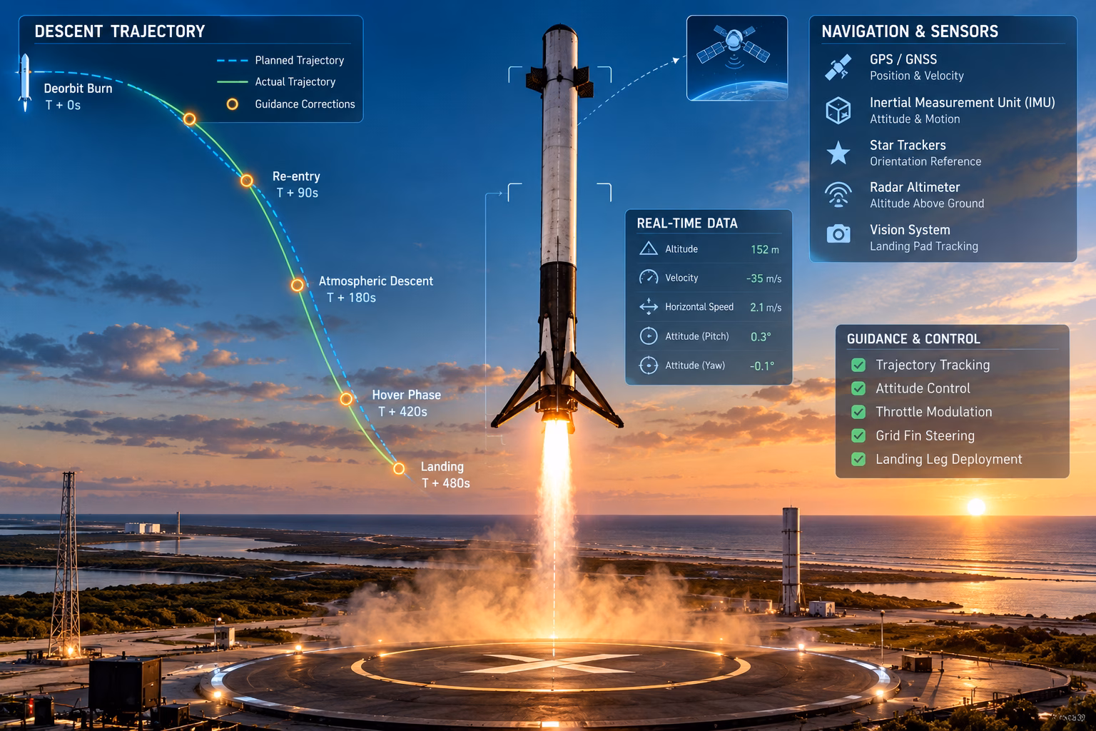 Reusable rocket descending towards a landing pad with trajectory and navigation overlays.